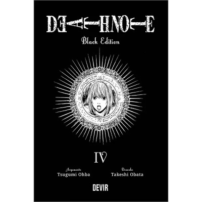Capa do livro Death Note Black Edition IV com ilustração e texto em branco sobre fundo preto