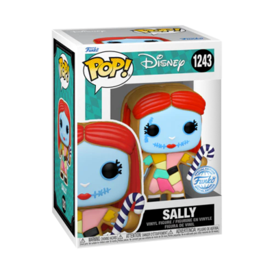 Funko Pop Disney Sally número 1243, figura azul com cabelo ruivo e roupa colorida em caixa com visor
