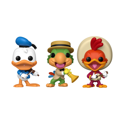 Três bonecos colecionáveis Funko Pop com instrumentos musicais e chapéus diferentes