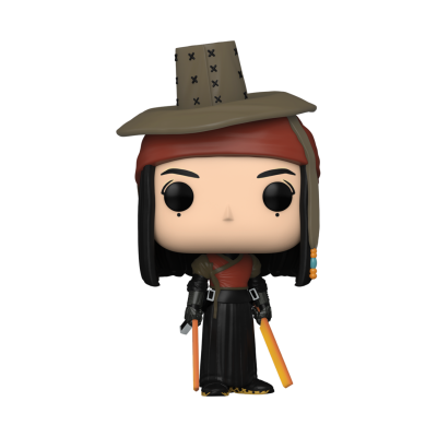Figura Funko Pop com roupa preta e vermelha, chapéu bege, cabelo preto com faixa vermelha, segurando bastões laranja.