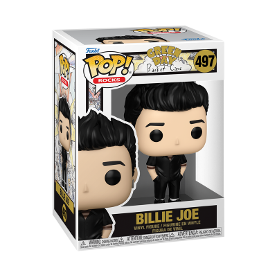 Figura Funko Pop Billie Joe dentro de caixa com texto Pop Rocks Green Day Basket Case 497