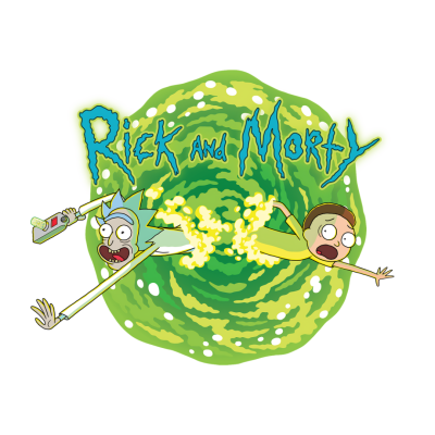 Imagem da série animada Rick and Morty com Rick e Morty e portal verde e amarelo.