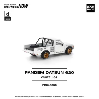 Miniatura carrinha Pandem Datsun 620 branca 1:64 com roda dourada e texto promocional