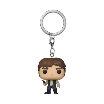 Chaveiro Funko Pop do personagem Han Solo com casaco branco e colete preto