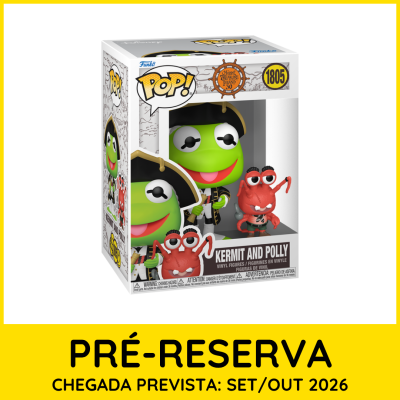 Figura Funko Pop Kermit and Polly na caixa com texto pré-reserva e chegada prevista