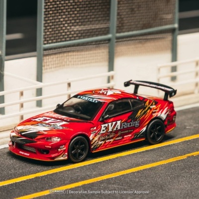 Miniatura de carro de corrida vermelho com gráficos e texto EVA Racing