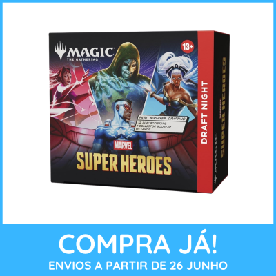 Caixa de jogo Magic The Gathering Marvel Super Heroes com personagens e texto promocional em azul