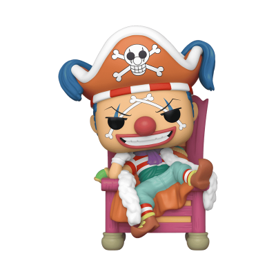 Figura Funko Pop de personagem pirata sentado numa cadeira rosa