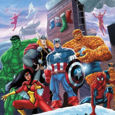 Super-heróis da Marvel em pose diante de prédio com meias penduradas no inverno