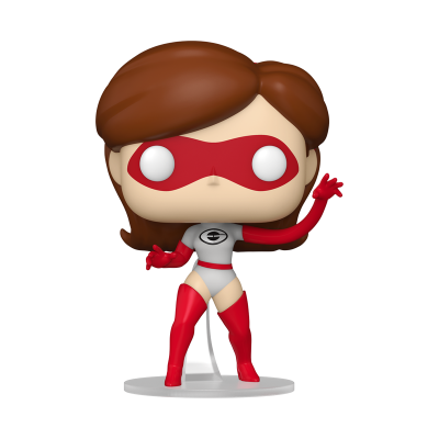 Figura Funko Pop de super-heroína com máscara vermelha e fato cinza e vermelho