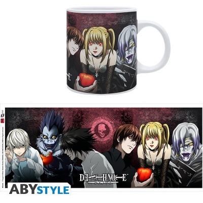 Caneca branca com personagens do anime Death Note e maçãs vermelhas