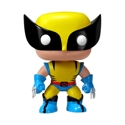 Figura de ação em estilo cartoon do Wolverine com máscara preta e amarela e fatos azul e amarelo