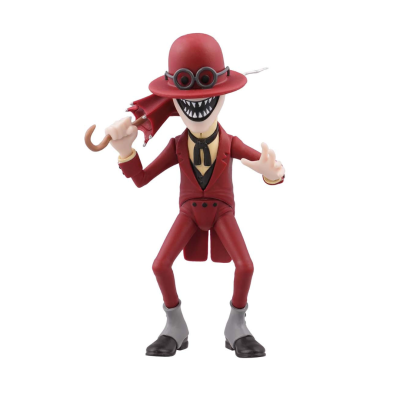 Figurina de personagem com fato e chapéu vermelhos, sorriso com dentes afiados e guarda-chuva.