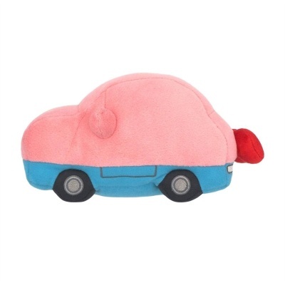 Almofada de peluche em forma de carro rosa e azul.