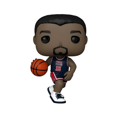 Figura Funko Pop de jogador de basquetebol com camisola azul escura e bola laranja.