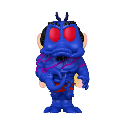 Figurina colecionável alienígena azul com olhos vermelhos e detalhes roxos