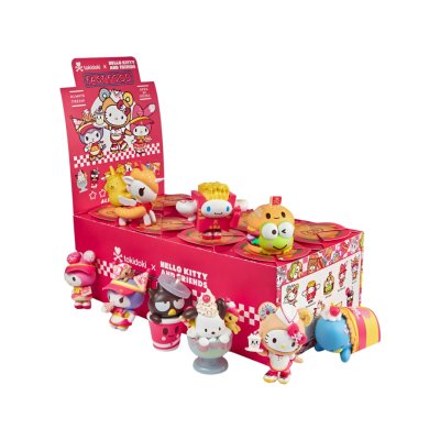Figuras colecionáveis Tokidoki x Hello Kitty and Friends com tema de fast food, na caixa vermelha com texto e ilustrações.