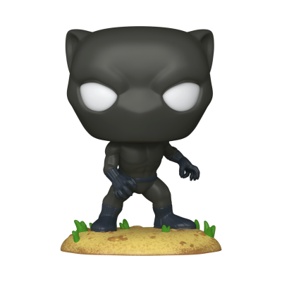 Figura Funko Pop do Pantera Negra em vinil preto com olhos brancos em base marrom e verde