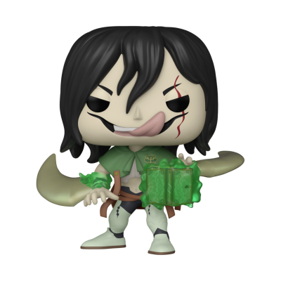 Figura colecionável Funko Pop com cabelo preto, casaco verde e livro verde brilhante