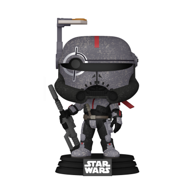 Figura colecionável Funko Pop Star Wars com armadura cinzenta e preta e arma