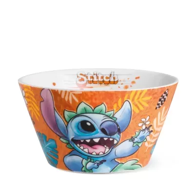 Taça de cerâmica com desenho do personagem Stitch e fundo laranja com folhas tropicais