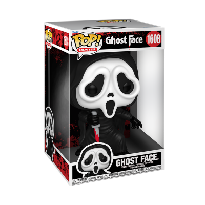 Boneco Pop! Ghost Face com máscara branca e roupa preta na embalagem