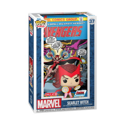 Caixa Funko Pop! com figura Scarlet Witch da Marvel, número 37, com ilustração dos Avengers.