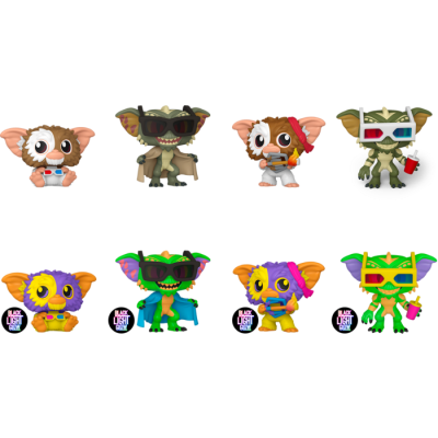 Figuras colecionáveis de Gremlins com acessórios e etiquetas diversas