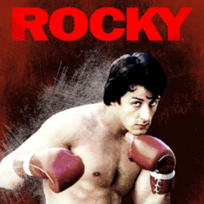 Cartaz do filme ROCKY com homem de luvas de boxe vermelhas frente a fundo vermelho
