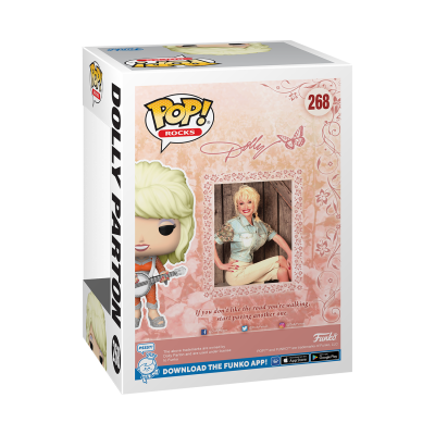 Caixa Funko Pop! Rocks Dolly Parton nº 268 com imagem e texto