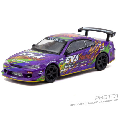 Miniatura de carro de corrida roxo com decoração colorida e spoiler preto