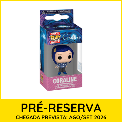 Chaveiro figura vinil Coraline em embalagem azul e rosa