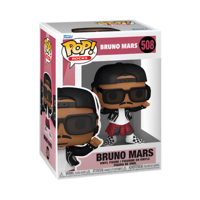 Funko POP! figura de vinil Bruno Mars com boné preto e óculos escuros dentro da caixa