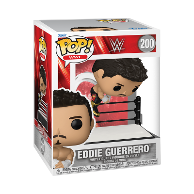 Figura Funko Pop de Eddie Guerrero em embalagem com fundo vermelho e logotipo WWE