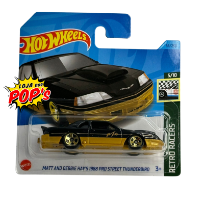 Carrinho Hot Wheels preto e dourado Matt and Debbie Hay's 1988 Pro Street Thunderbird em embalagem azul.