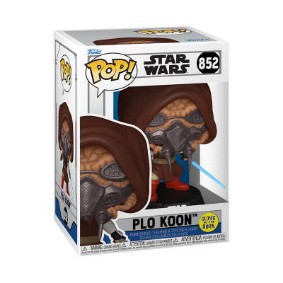 Funko Pop Star Wars Plo Koon com máscara, capa castanha e sabre de luz azul na caixa.