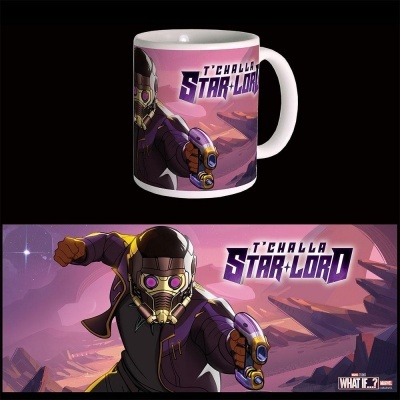 Caneca com imagem de T'Challa Star-Lord em fundo roxo e rochoso