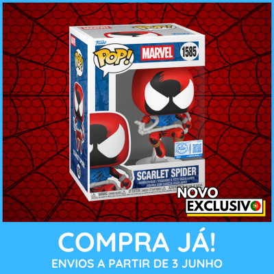 Figura Funko Pop! Marvel Scarlet Spider em caixa com fundo vermelho teia de aranha e texto promocional