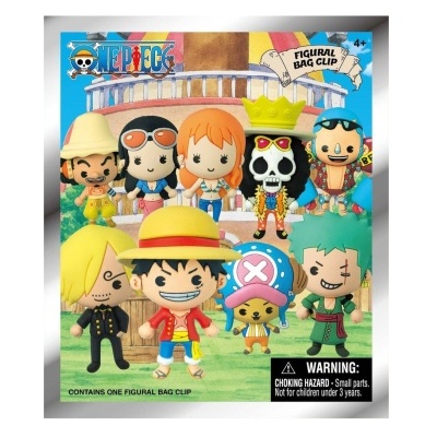 Embalagem de brinquedo com figuras chibi do anime One Piece e texto de aviso.