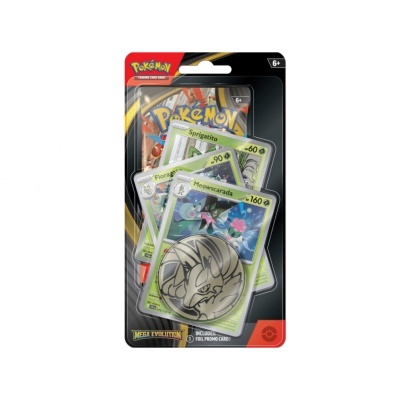 Pack de cartas Pokémon Trading Card Game com três cartas e um medalhão metálico na embalagem.