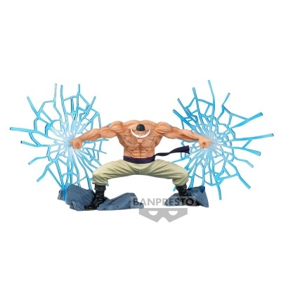 Figura colecionável de personagem musculoso com elementos azuis de energia nas mãos