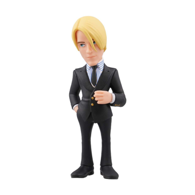 Figura colecionável com fato preto e cabelo louro
