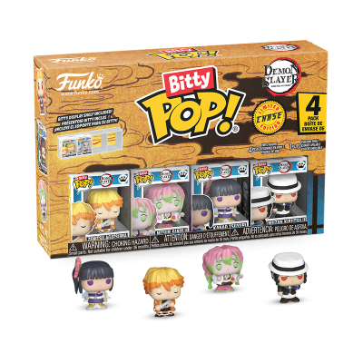 Pack Funko Bitty POP! com 4 figuras Demon Slayer em vinil colorido e caixa com texto informativo