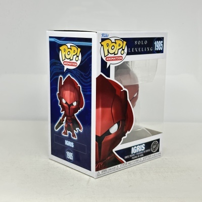 Caixa Funko Pop! Animation Solo Leveling 1985 Igris com figura vermelha vista na embalagem.