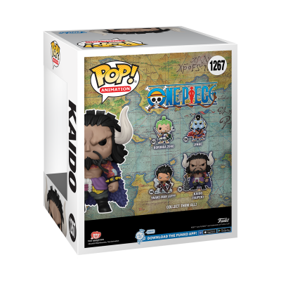 Embalagem Funko POP! Kaido One Piece com visualização dos personagens e mapa ao fundo