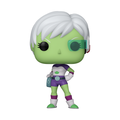 Figura colecionável Funko Pop verde com cabelo branco e roupa roxa