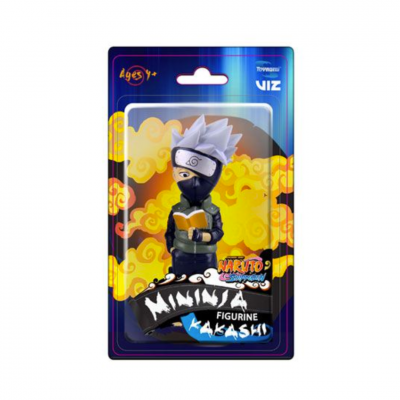 Figura miniatura de Kakashi em embalagem azul com texto e padrões amarelos
