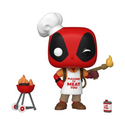 Figura colecionável de Deadpool vestido como chef com avental e churrasqueira pequena
