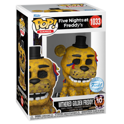 Figura colecionável Funko Pop! Withered Golden Freddy dourado envelhecido com chapéu preto na embalagem