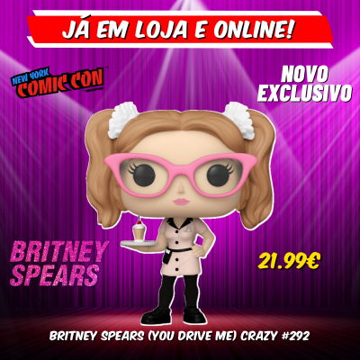 Figura Funko Pop! da Britney Spears com óculos rosa e bandeja, em fundo roxo com texto promocional.